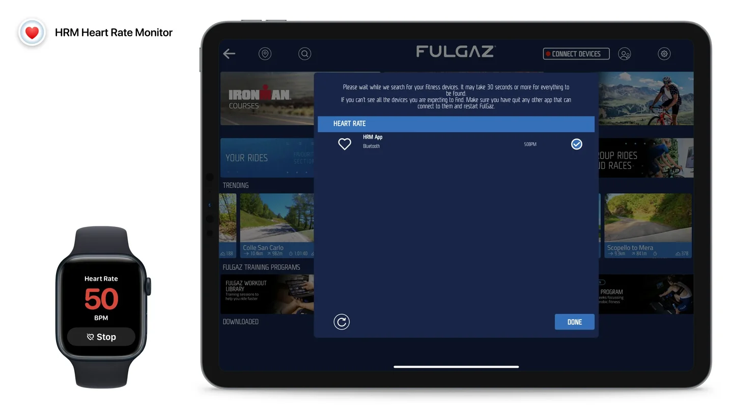 iPad上のFulGazにHRMアプリが心拍センサーとして接続されている