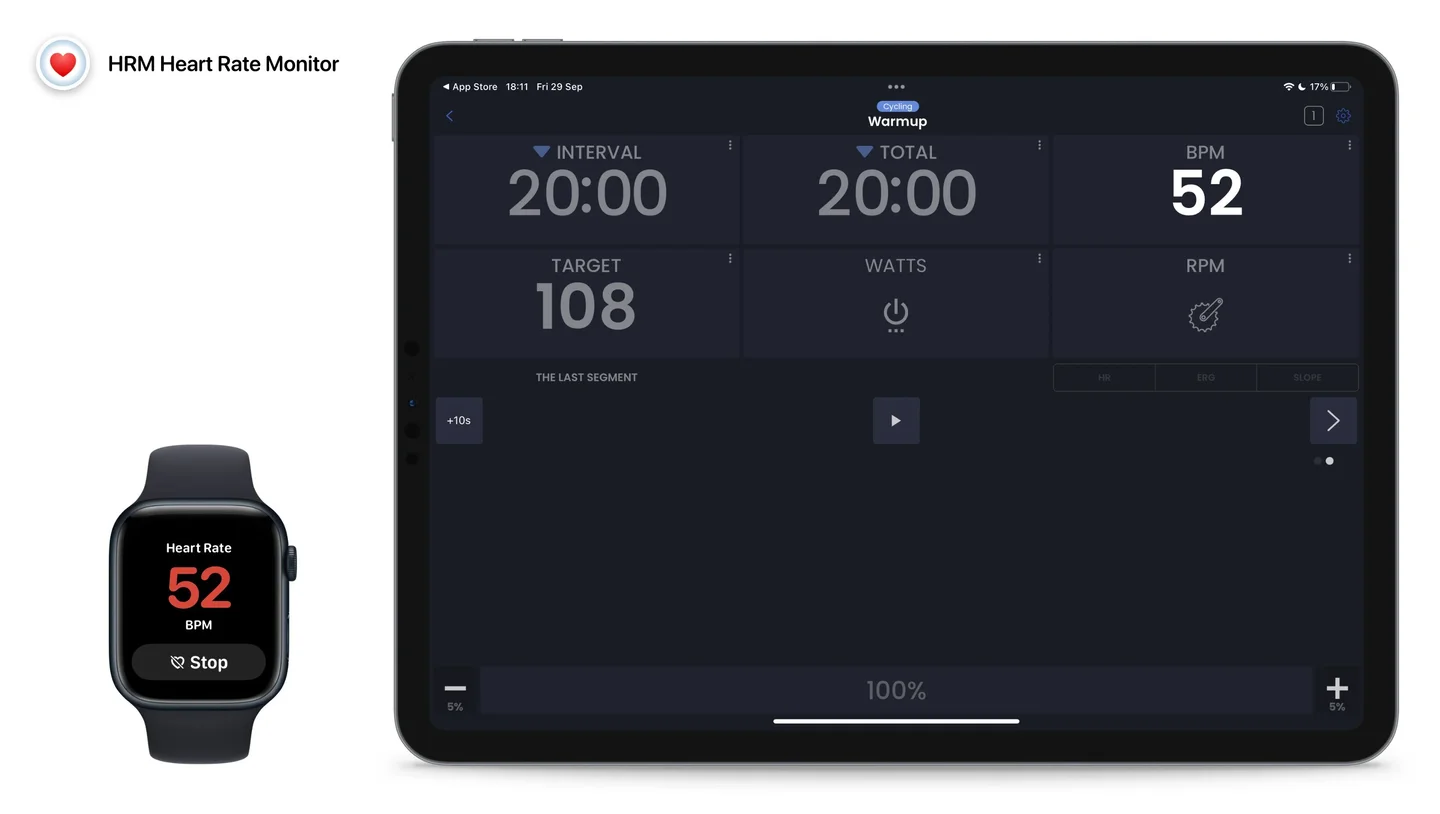 iPad上のTrainerDayにHRMアプリが心拍センサーとして接続されている